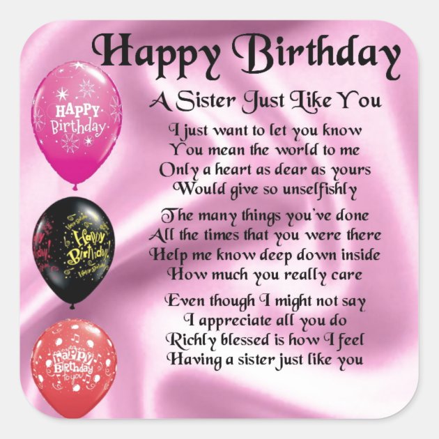 Sister Poem - Happy Birthday Design Square Sticker